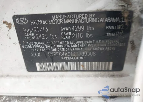 2013 Hyundai Sonata Se z USA, uszkodzony, nr VIN 5NPEC4AC1DH799308